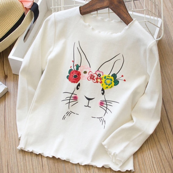 Long Sleeve Ruffle Rabbit Graphic Top White Shirts - Picture 2 of 4